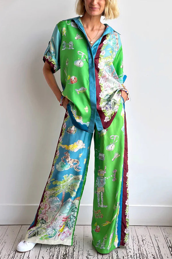 Unique Printed Lapel Short-sleeved Loose Shirt and Elastic Waist Tie Wide-leg Pants Set - Fashionpara