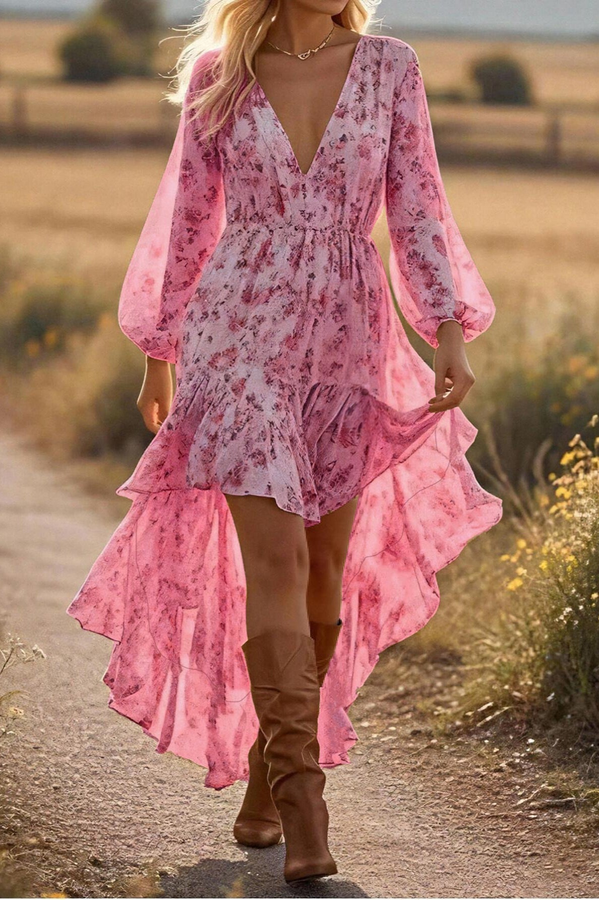 Bohemian V Neck Floral Asymmetric Hem Long Sleeve Boho Dress
