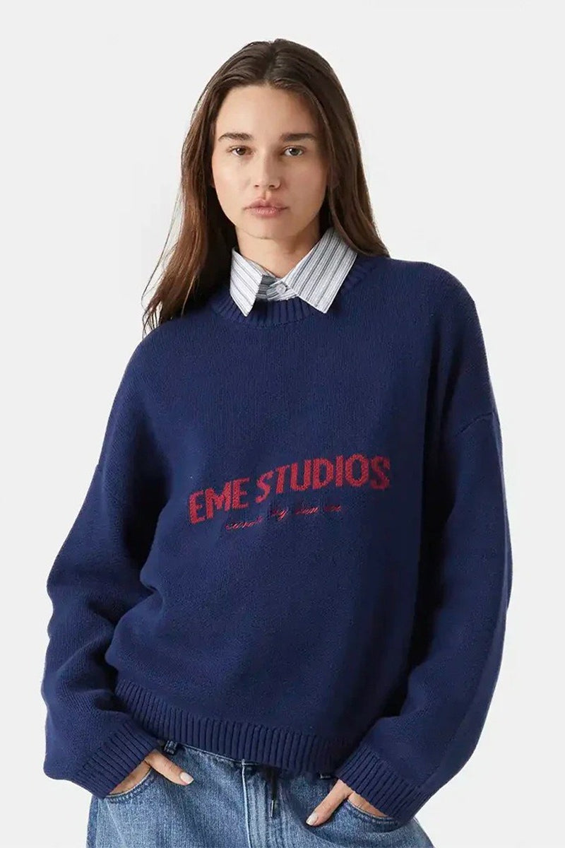 Embroidery Knit Slouchy Pullover Blouse