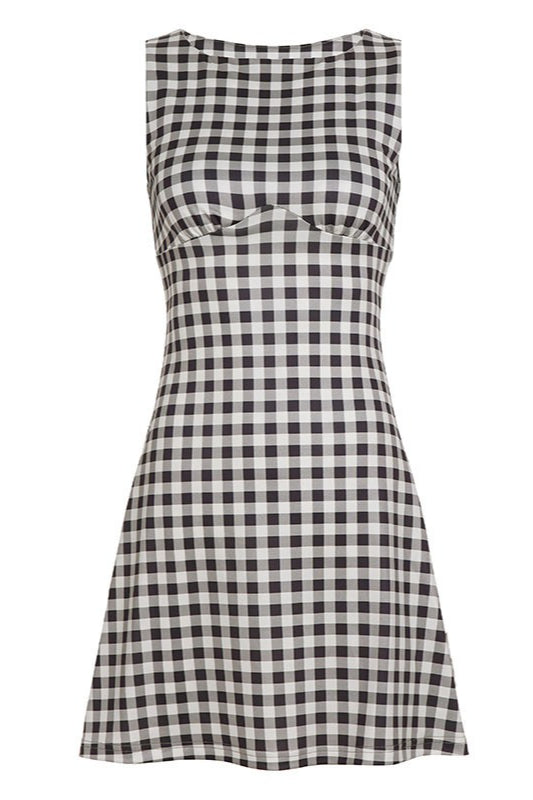 Gingham Check High Neck A-Line Mini Dress