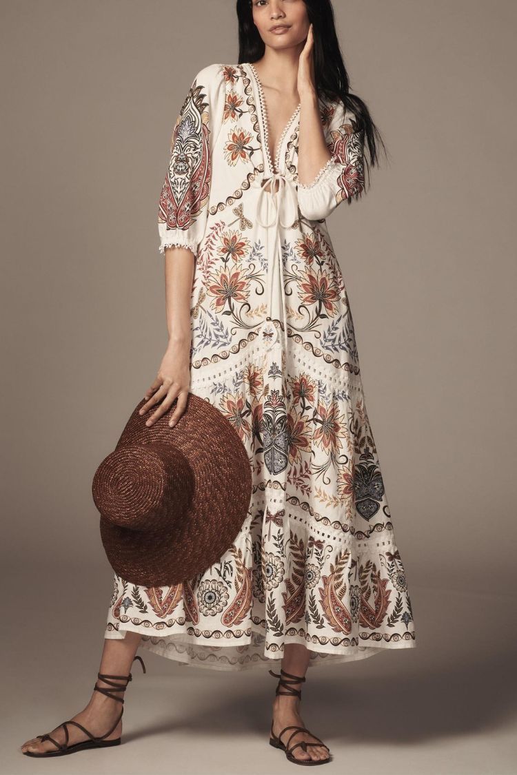 Puerto Rico Unique Print Tie-up Half Sleeve A-line Tiered Maxi Dress - Fashionpara