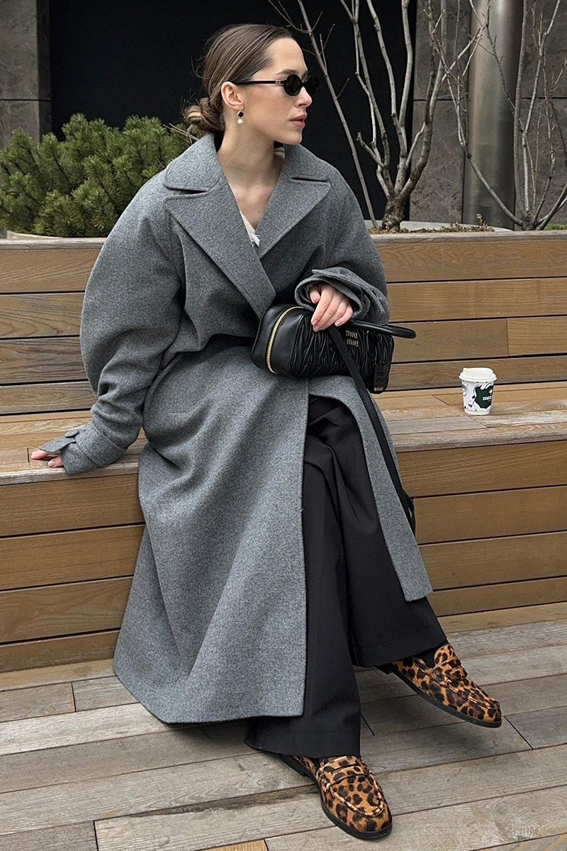 Longline Wool Blend Tie Waist Loose Elegant Overcoat