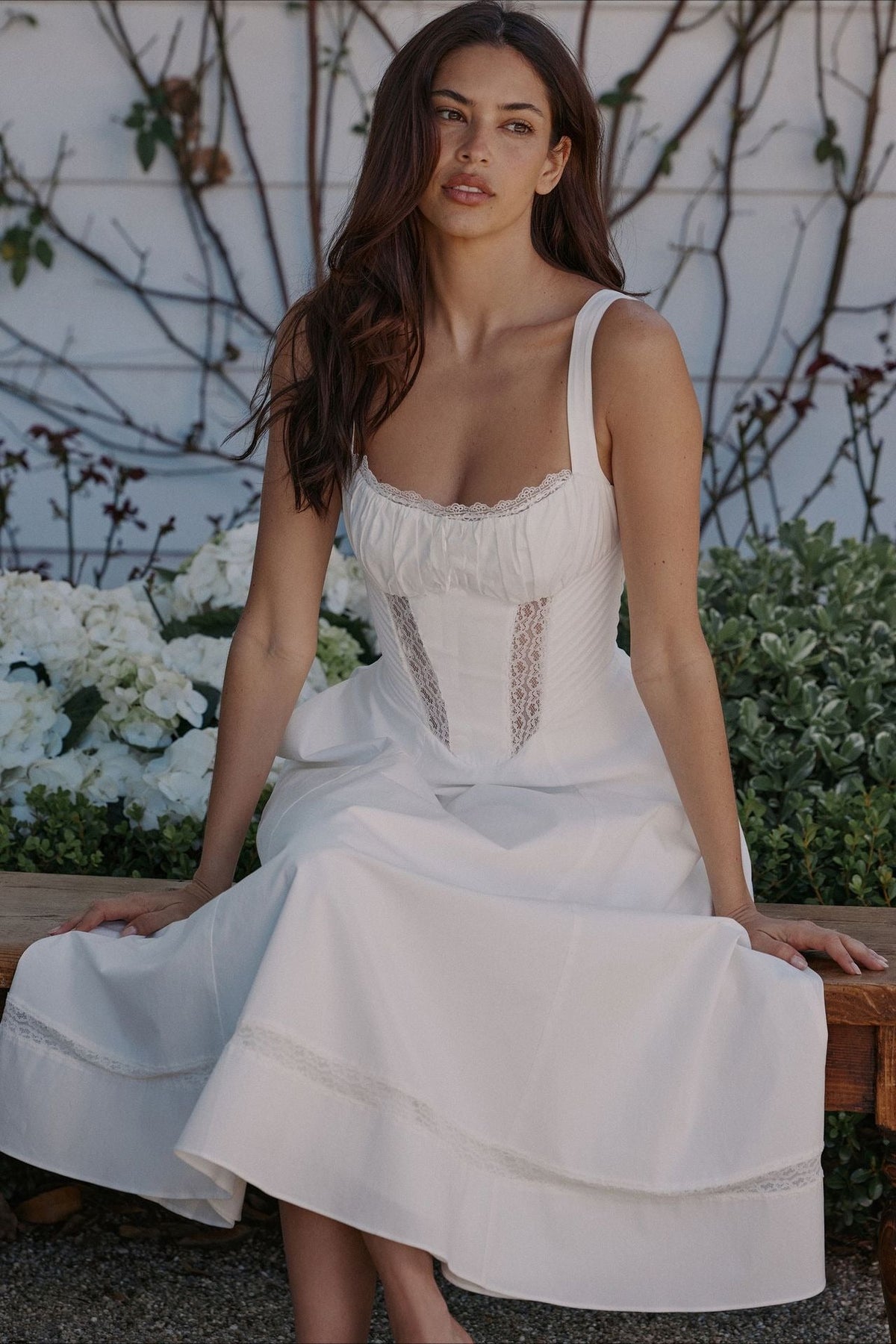 Cotton Square Neck Lace Panel Corset Midi Dress