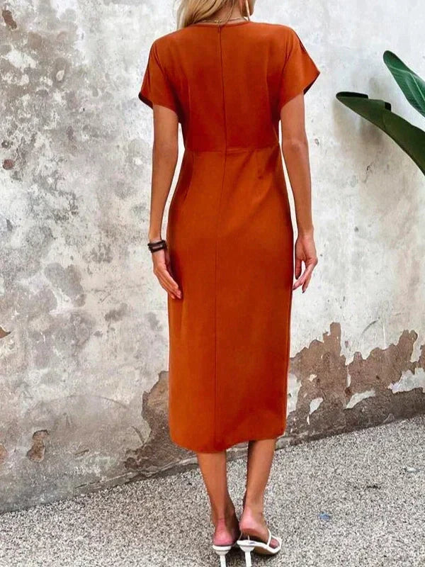 Short Sleeve Deep V-Neck Ruched Wrap High Split Midi Dress - View 5