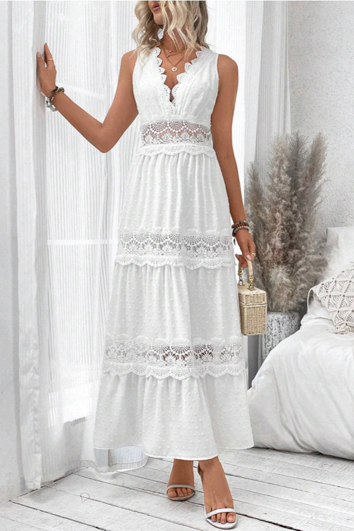 Lace Trim V-Neck Sleeveless Tiered Maxi Dress