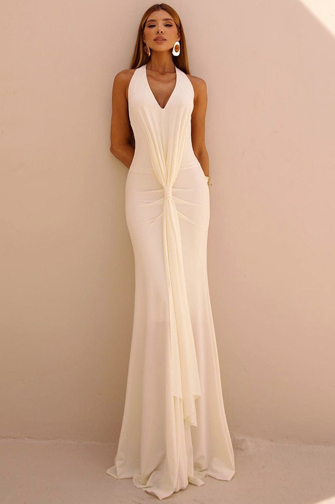 Deep V-Neck Halter Draped Knot Mermaid Maxi Gown
