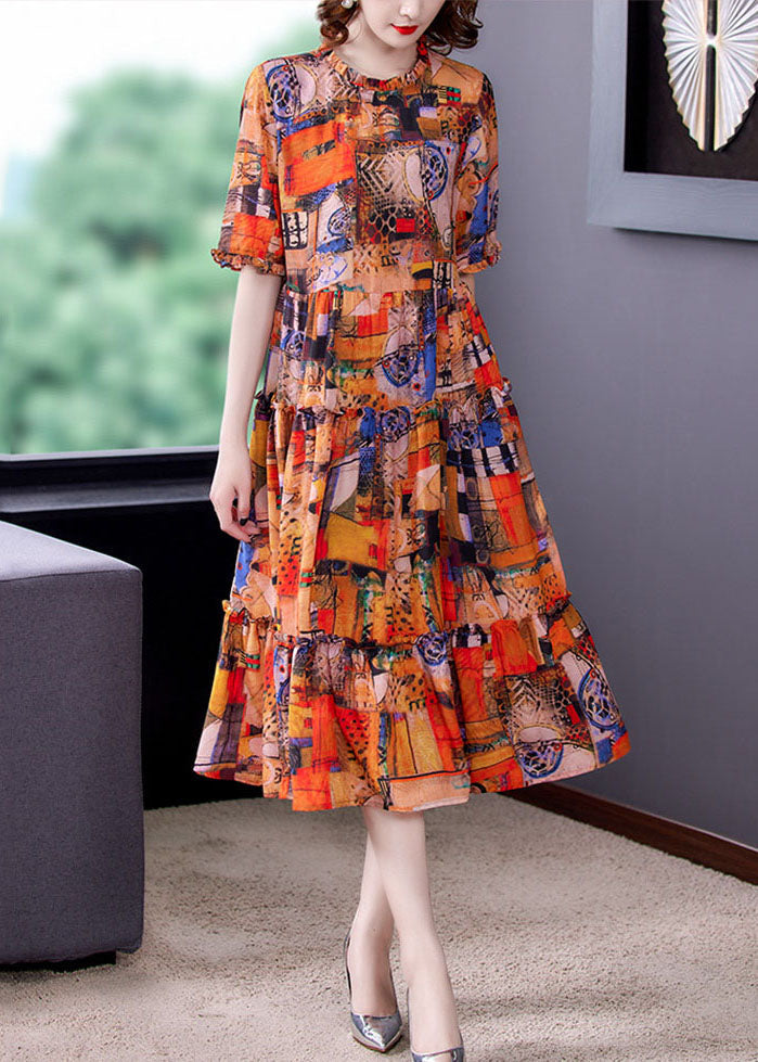 Abstract Patchwork Print Ruffle Collar Short Sleeve Midi Dress