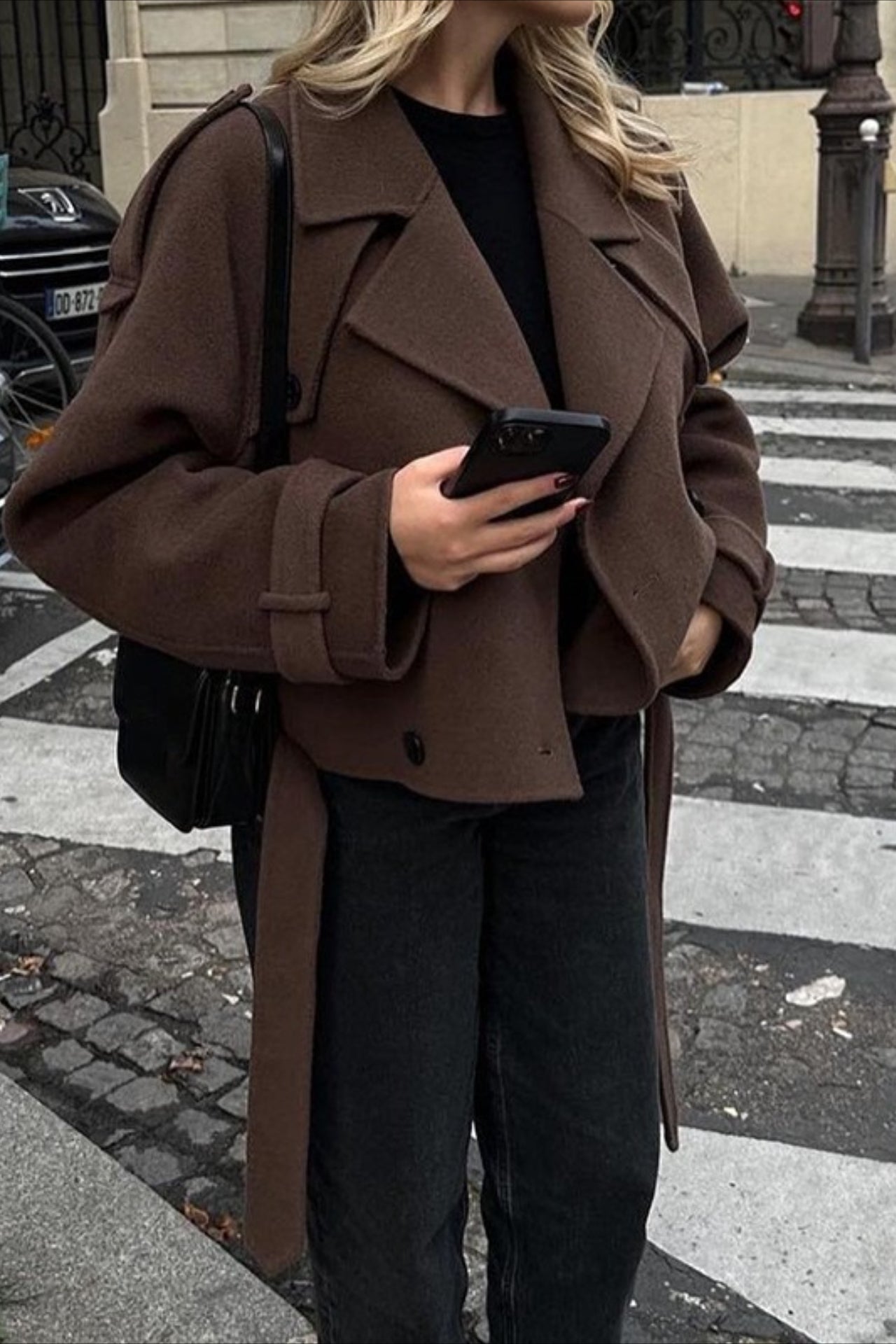 Wide Lapel Belted Cropped Wool Coat - Fashionpara