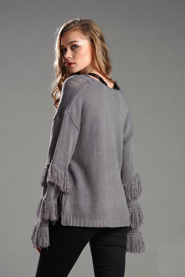 RadyRin Fluffy Cable Knit Sweater with Stylish Tassels