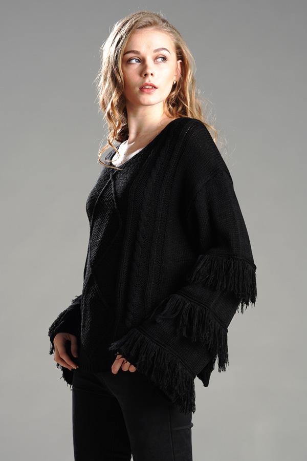 RadyRin Fluffy Cable Knit Sweater with Stylish Tassels