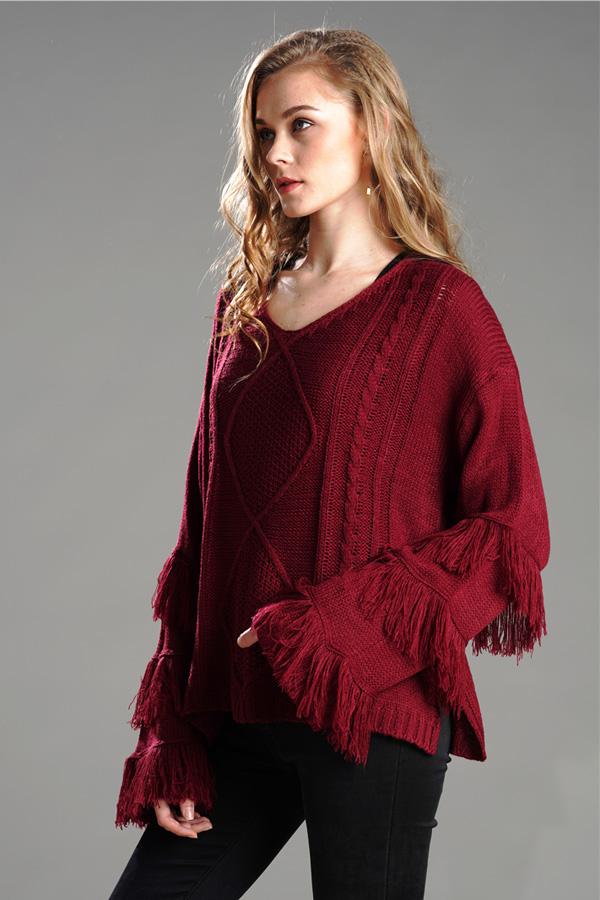 RadyRin Fluffy Cable Knit Sweater with Stylish Tassels