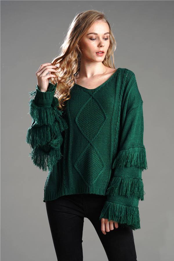 RadyRin Fluffy Cable Knit Sweater with Stylish Tassels