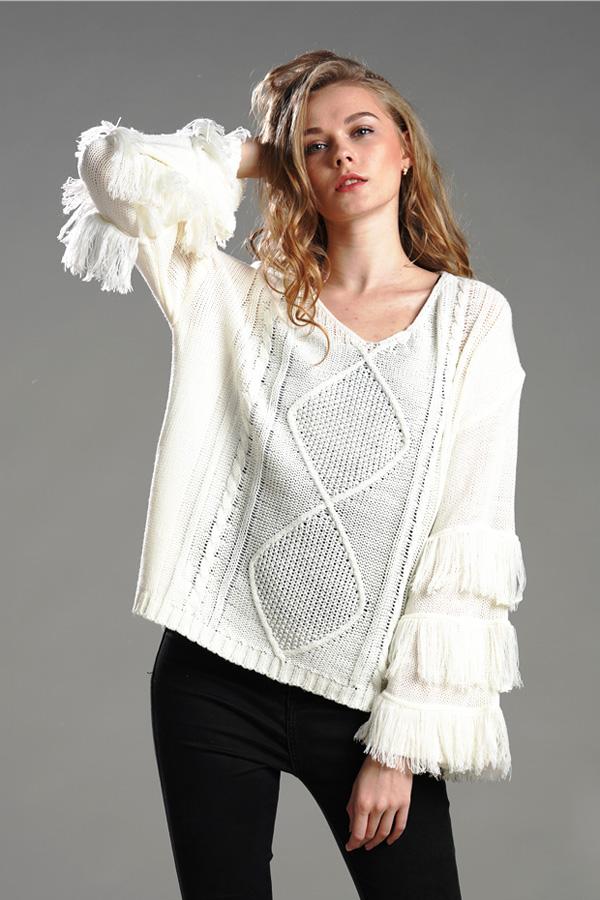 RadyRin Fluffy Cable Knit Sweater with Stylish Tassels