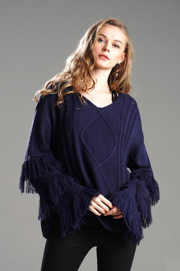 RadyRin Fluffy Cable Knit Sweater with Stylish Tassels