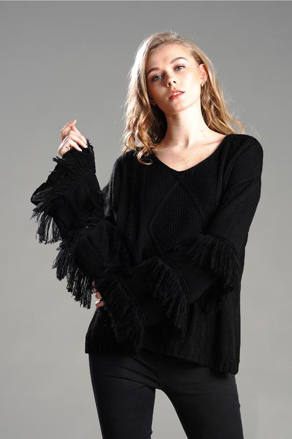 RadyRin Fluffy Cable Knit Sweater with Stylish Tassels