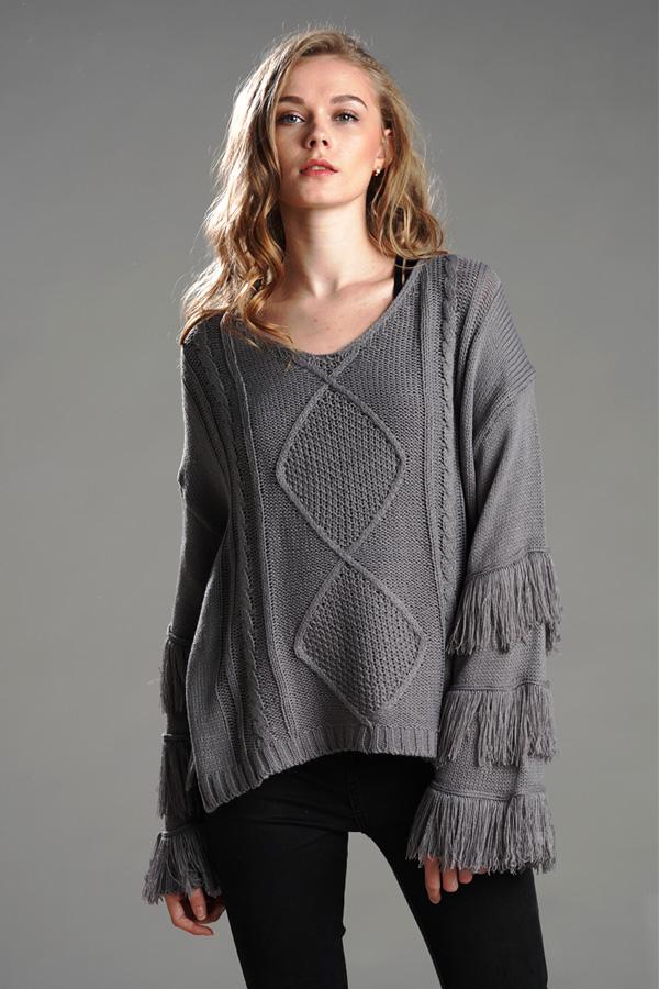 RadyRin Fluffy Cable Knit Sweater with Stylish Tassels