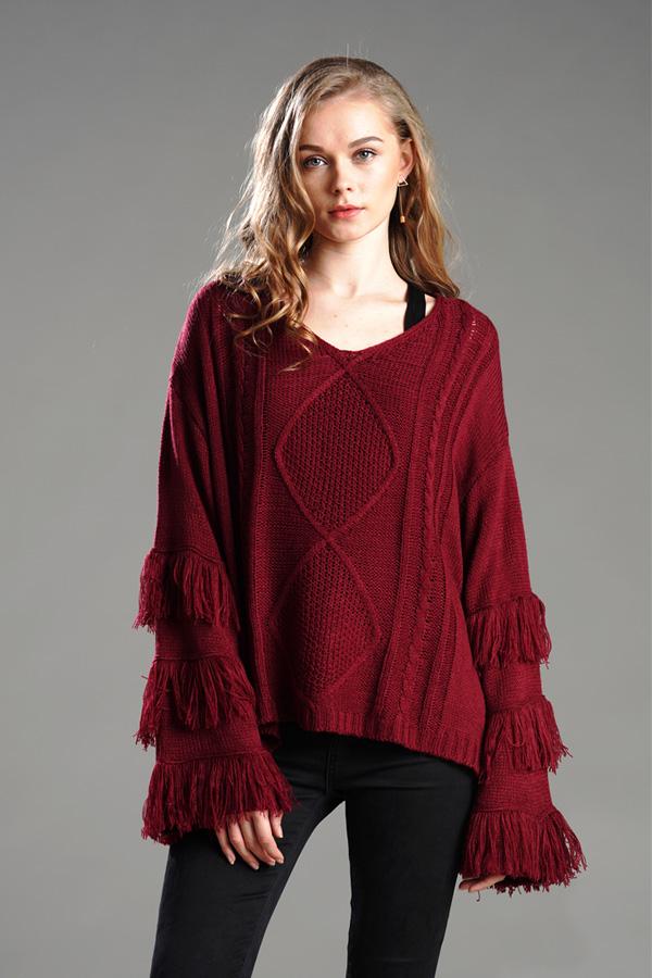 RadyRin Fluffy Cable Knit Sweater with Stylish Tassels