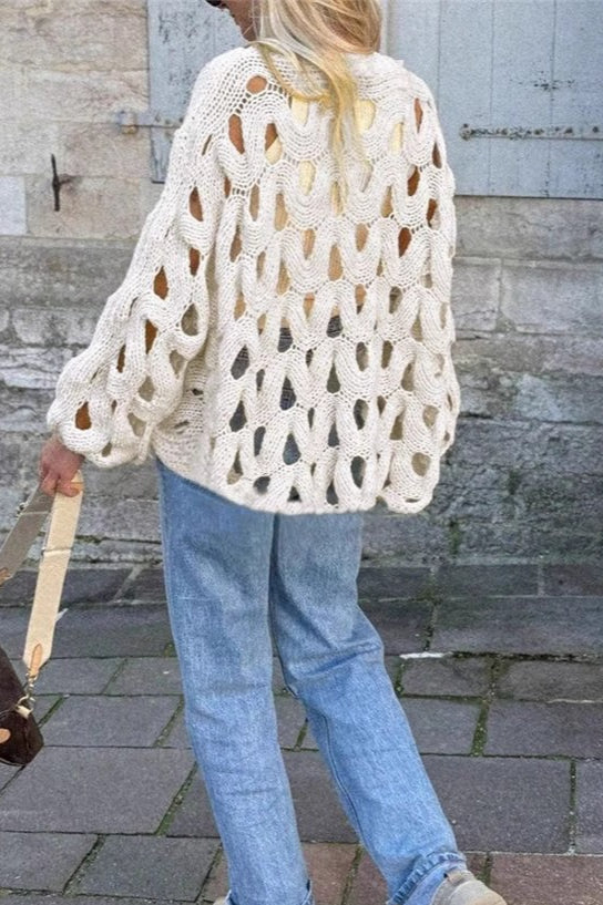 Openwork Leaf Texture Crew Neck Knit Sweater 4