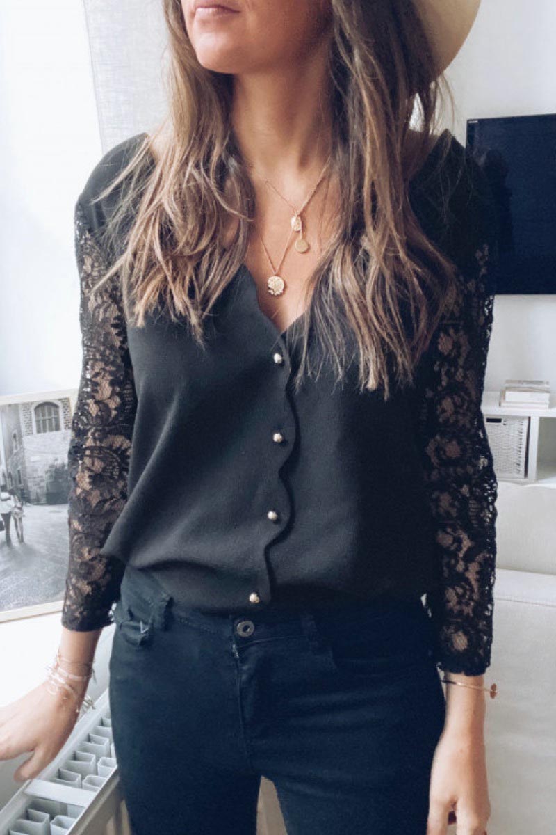 Lace Patchwork Design Black Blouse(Two Kinds Of Tees)  Fashionpara