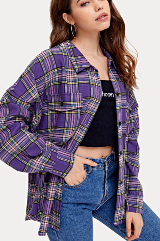 Plaid Stand Collar Button Shirt Blouse - Fashionpara