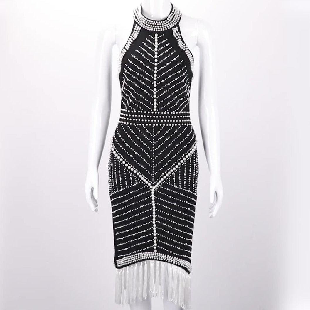 KittenAlarm - Cady Beaded Halter Neck Tassel Trim Dress