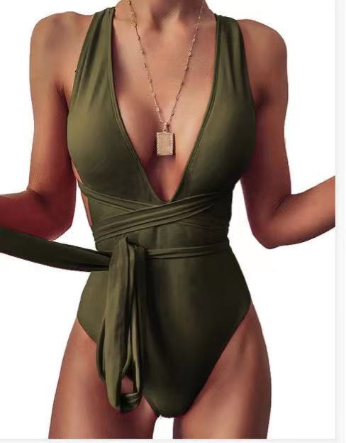 Deep V-neck Strap One-piece Swimsuit - Fashionpara