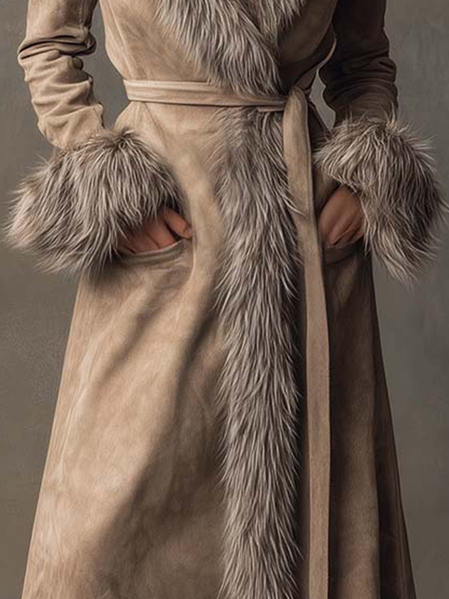 Toffee Cream Eco-friendly Suede Long Coat With Faux Fur Trim And Belt - Fashionpara