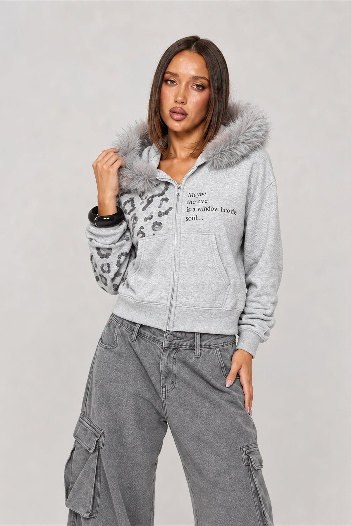 Faux Fur Leopard Panel Zip Front Hoodie
