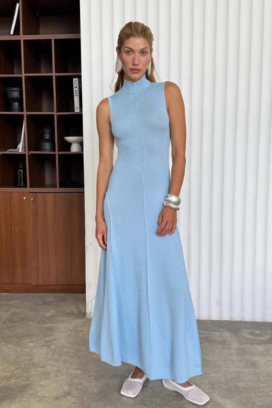 Ribbed Knit High Neck Sleeveless Fit & Flare Maxi Dress