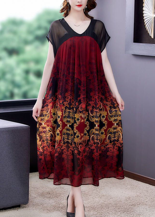 Baroque Damask Print V-Neck Sheer Short Sleeve Midi Dress