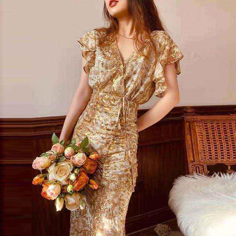 Floral Print V-Neck Flutter Sleeve Ruched Maxi Dress