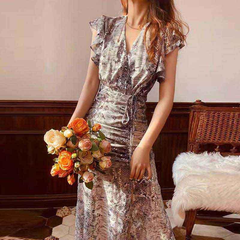 Floral Print V-Neck Flutter Sleeve Ruched Maxi Dress