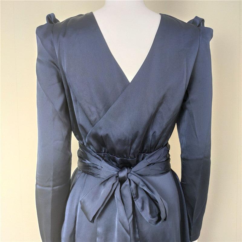 Satin Long Sleeve Ruched High Slit Maxi Dress