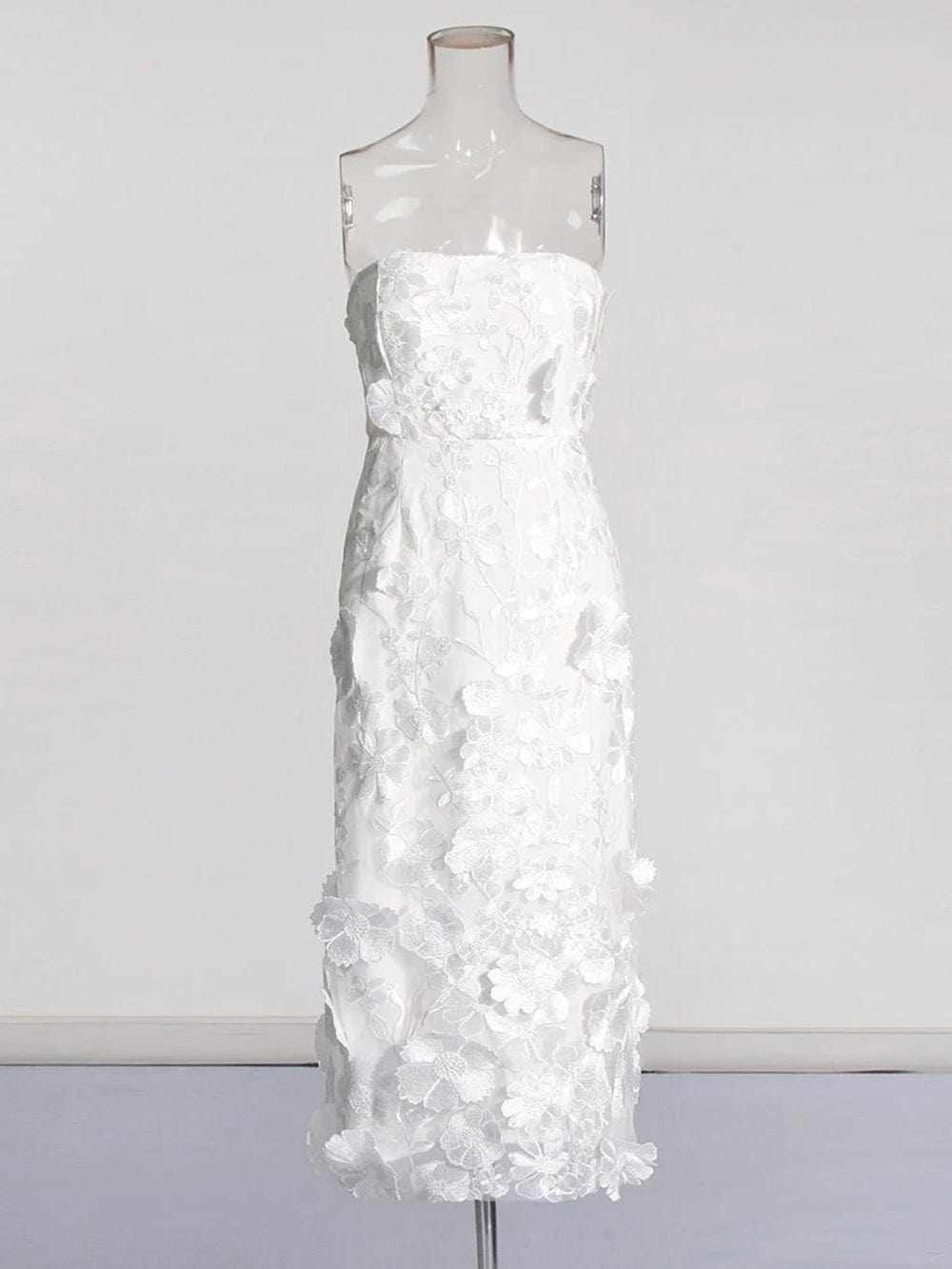 Strapless 3D Floral Applique Sheath Midi Dress - View 4