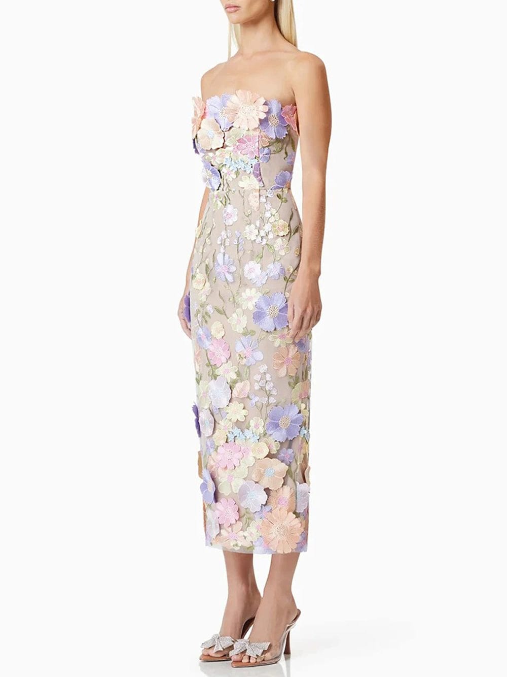 Strapless 3D Floral Applique Embroidered Mesh Overlay Midi Dress - View 3