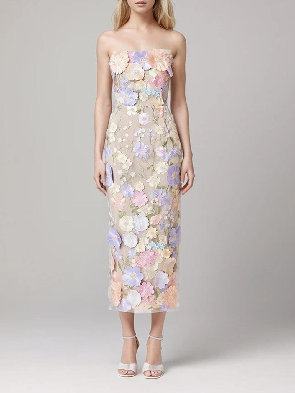 Strapless 3D Floral Applique Sheath Midi Dress