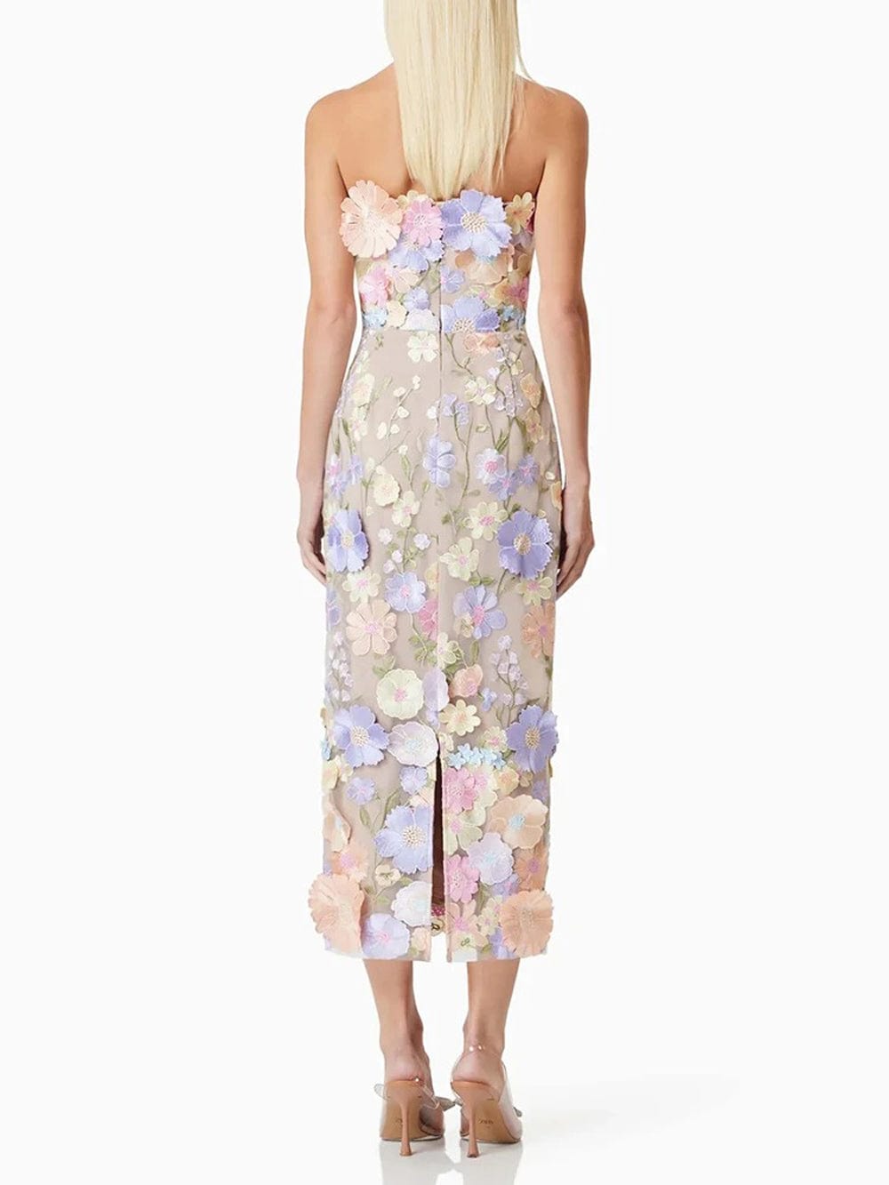Strapless 3D Floral Applique Sheath Midi Dress - View 2