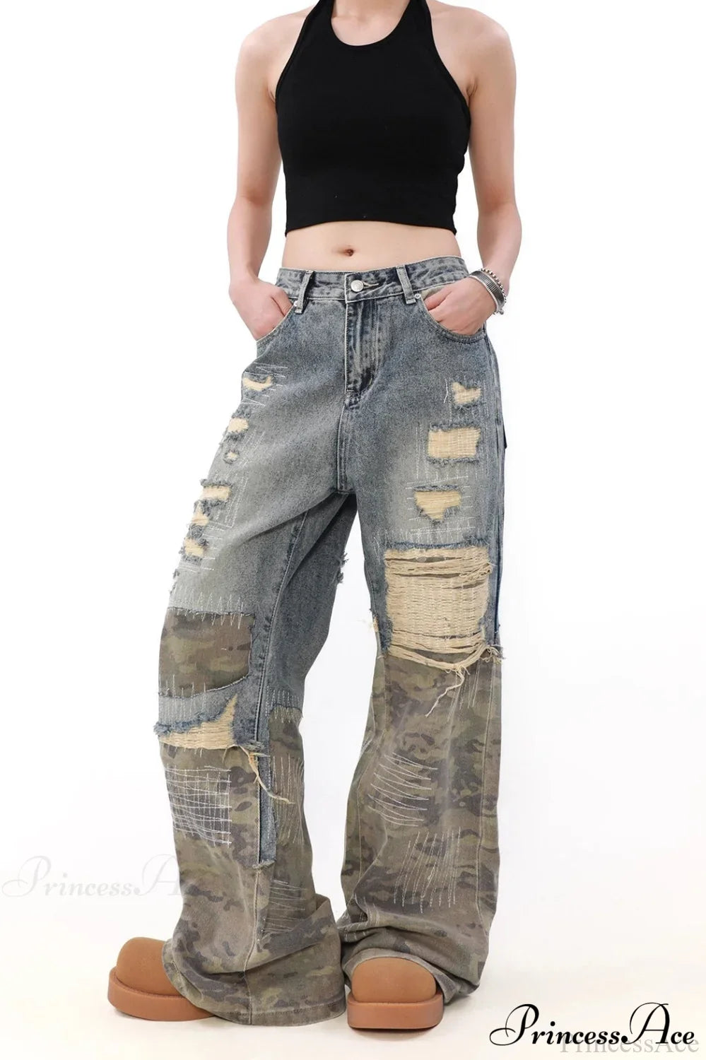 Camouflage Patchwork Distressed Wide Jeans Blue / M
