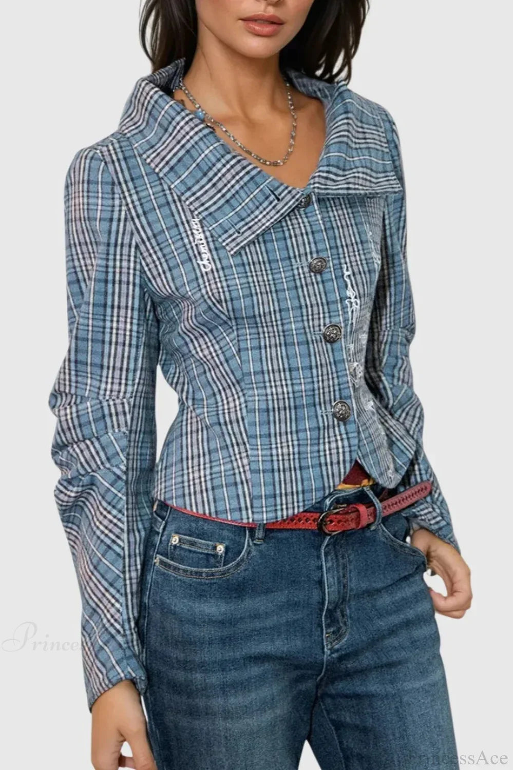 Candlestick Print Plaid Ruched Stand Collar Coat 2