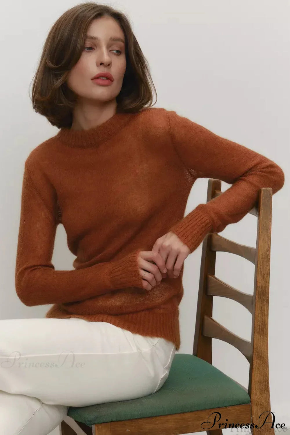 Candy Color Sheer Crew Neck Knit Sweater Brown / S