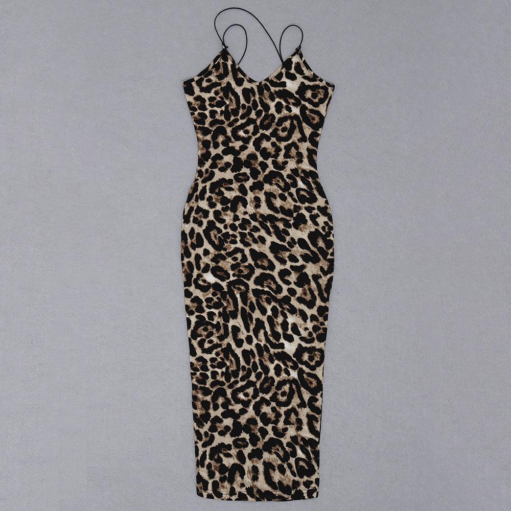 Leopard Print Spaghetti Strap Bodycon Midi Dress