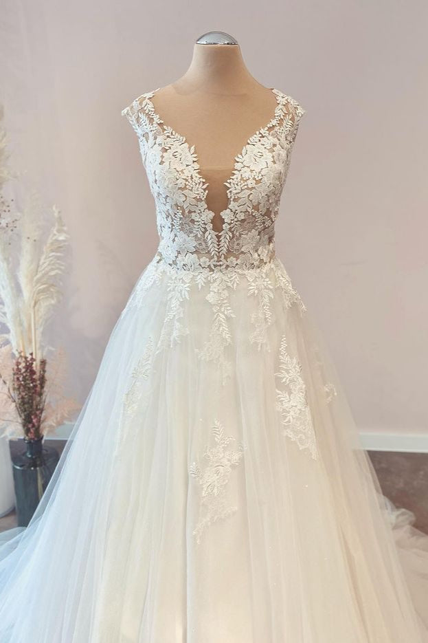 Cap Sleevels Princess Wedding Dress Lace Tulle Long - Fashionpara
