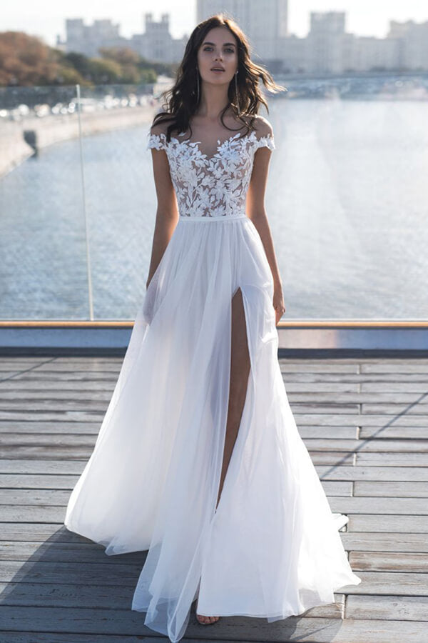 Cap Sleeves Appliques Wedding Dress Long With Split - Fashionpara