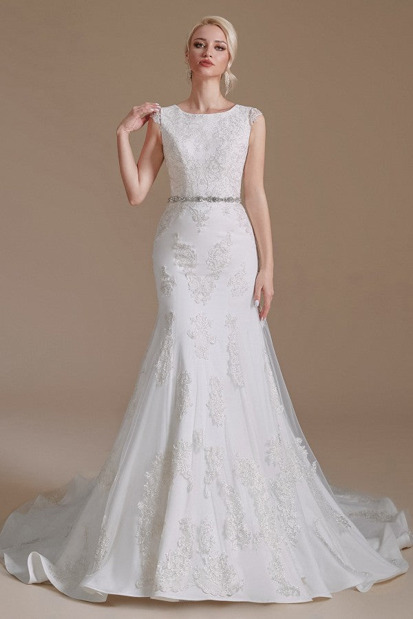 Cap Sleeves Mermaid Lace Wedding Dress Long - Fashionpara