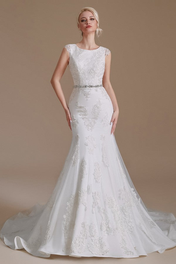 Cap Sleeves Mermaid Lace Wedding Dress Long - Fashionpara