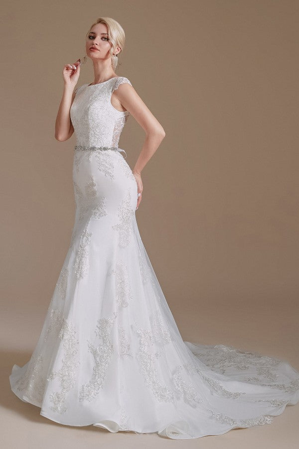 Cap Sleeves Mermaid Lace Wedding Dress Long - Fashionpara