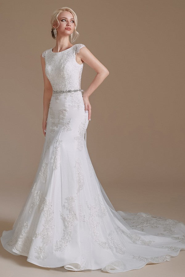 Cap Sleeves Mermaid Lace Wedding Dress Long - Fashionpara