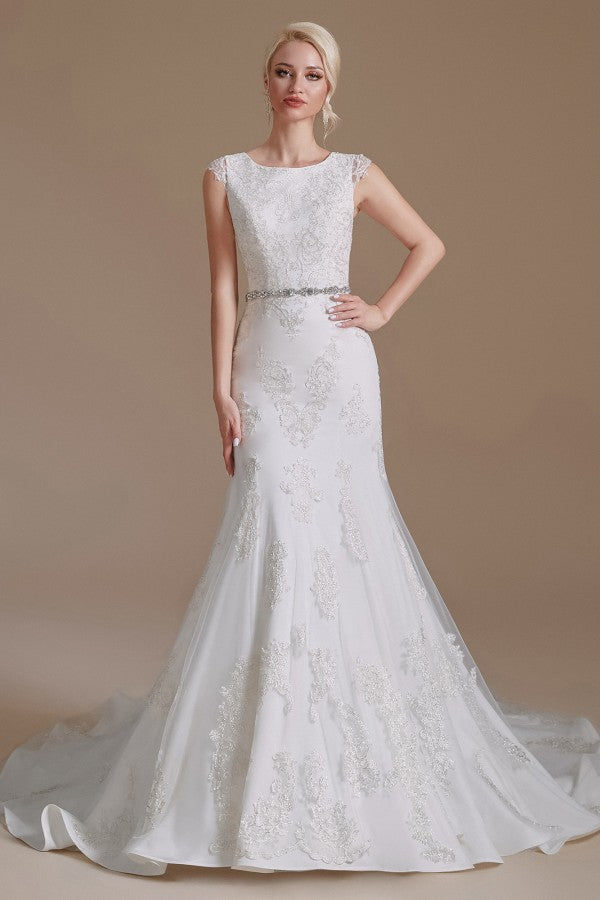 Cap Sleeves Mermaid Lace Wedding Dress Long - Fashionpara