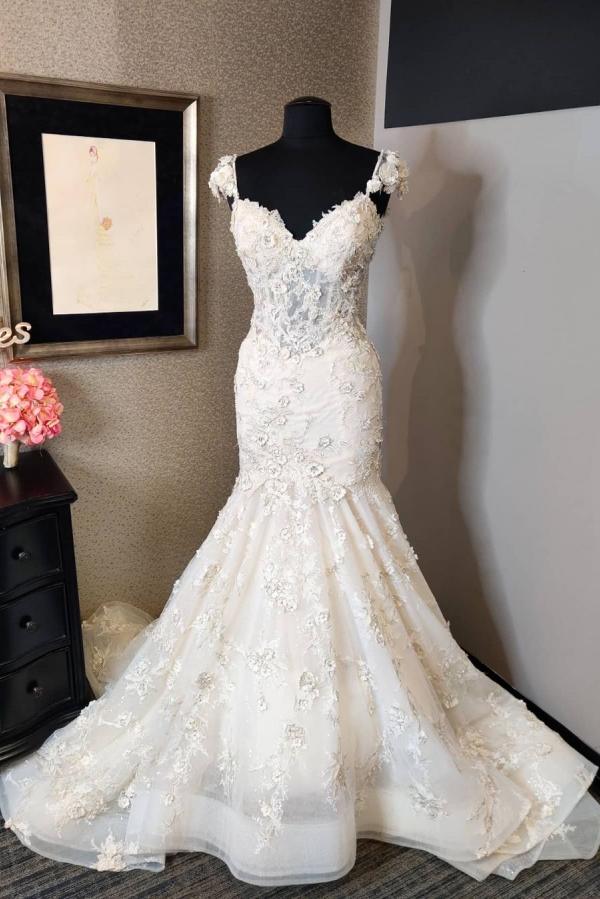 Cap Sleeves Mermaid Wedding Dress Lace Applqiues - Fashionpara