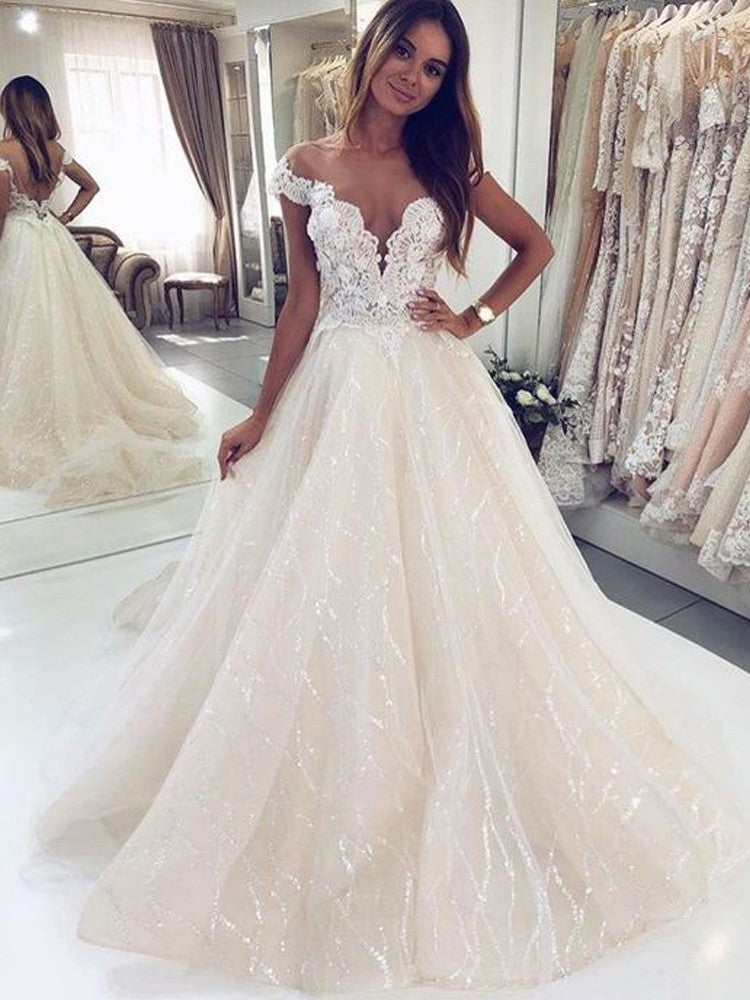 Cap Sleeves Wedding Dress Open Back WIth Appliques - Fashionpara